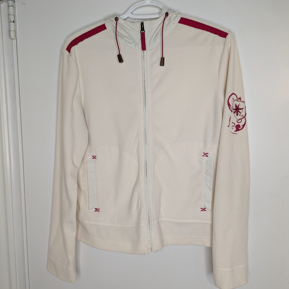 LUHTA off white/cream coloured cozy zip up hoodie with red accents, size 6